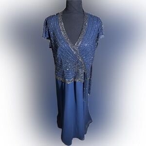 J Kara Beaded Chiffon Gown Plus Sz 12 Navy
